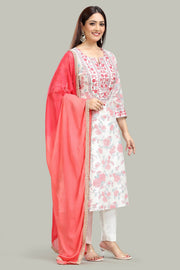 Off White Chanderi Straight Embroidered Kurta Pant and Dupatta Suit Set