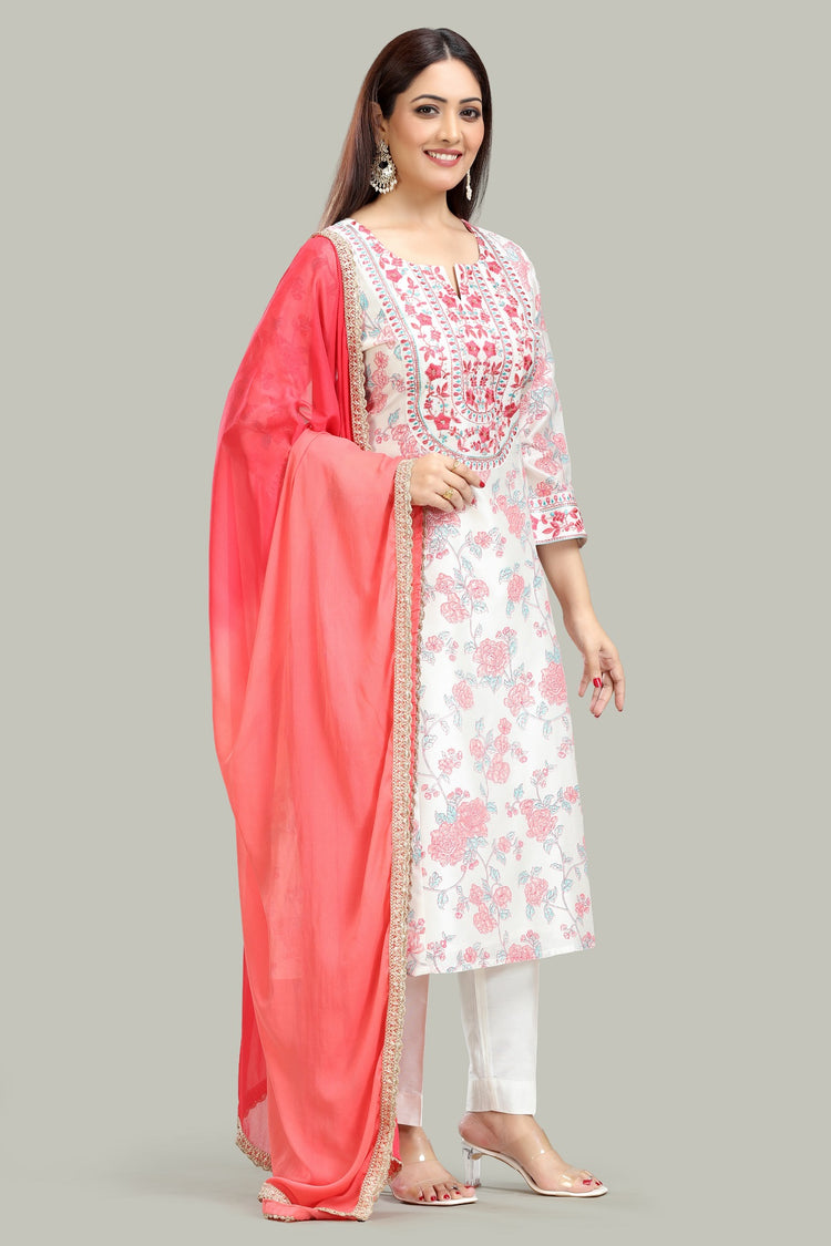 Off White Chanderi Straight Embroidered Kurta Pant and Dupatta Suit Set