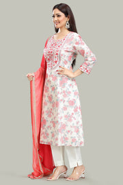 Off White Chanderi Straight Embroidered Kurta Pant and Dupatta Suit Set