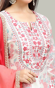 Off White Chanderi Straight Embroidered Kurta Pant and Dupatta Suit Set