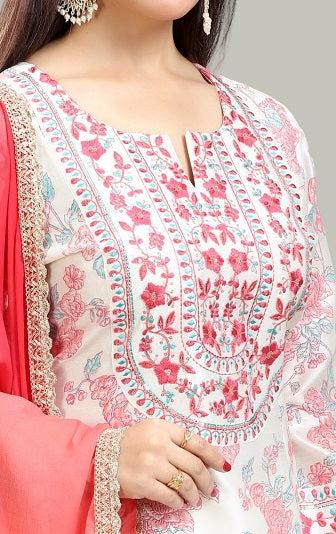 Off White Chanderi Straight Embroidered Kurta Pant and Dupatta Suit Set