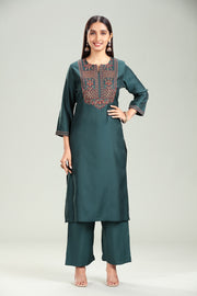 Dark Green Silk Straight Embroidered Kurta Pant Co ord Set