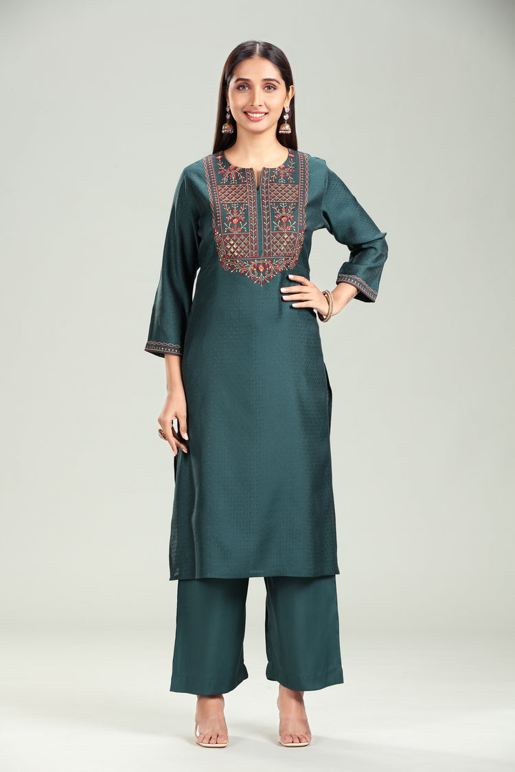Dark Green Silk Straight Embroidered Kurta Pant Co ord Set