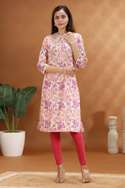 Purple Jaipuri Cotton Straight Printed Kurta