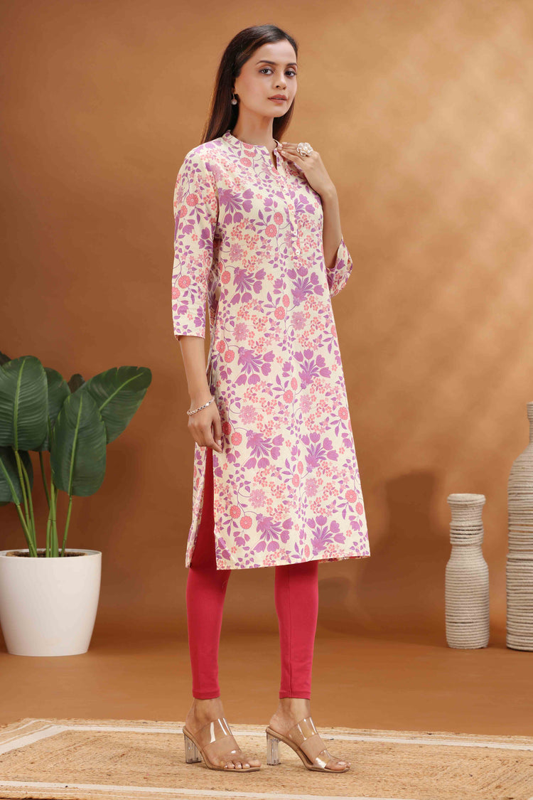 Purple Jaipuri Cotton Straight Printed Kurta
