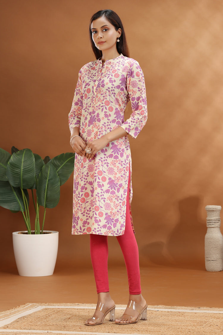 Purple Jaipuri Cotton Straight Printed Kurta