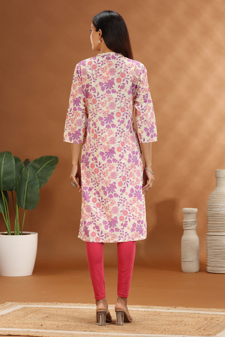 Purple Jaipuri Cotton Straight Printed Kurta