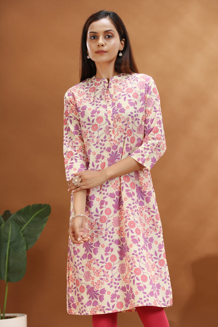 Purple Jaipuri Cotton Straight Printed Kurta