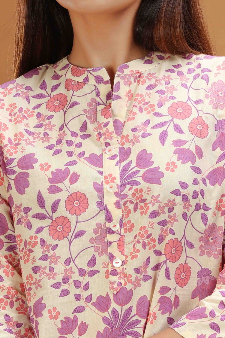 Purple Jaipuri Cotton Straight Printed Kurta