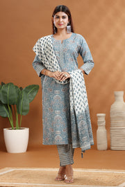 Dark Gray Jaipuri Cotton A Line Printed Kurta Pants and Dupatta Set