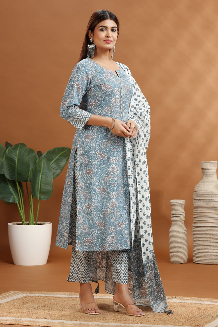 Dark Gray Jaipuri Cotton A Line Printed Kurta Pants and Dupatta Set