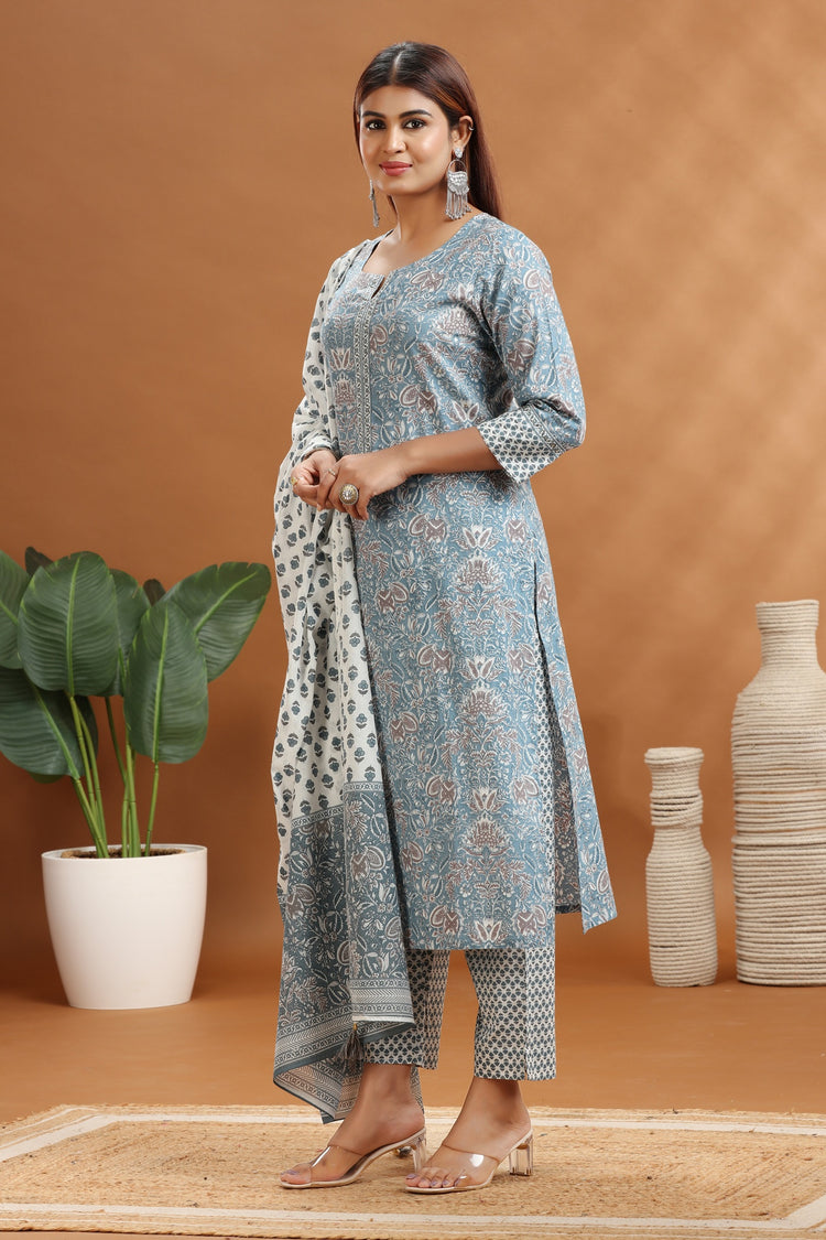 Dark Gray Jaipuri Cotton A Line Printed Kurta Pants and Dupatta Set