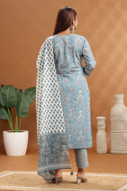 Dark Gray Jaipuri Cotton A Line Printed Kurta Pants and Dupatta Set