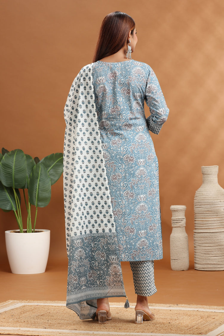 Dark Gray Jaipuri Cotton A Line Printed Kurta Pants and Dupatta Set