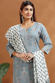 Dark Gray Jaipuri Cotton A Line Printed Kurta Pants and Dupatta Set