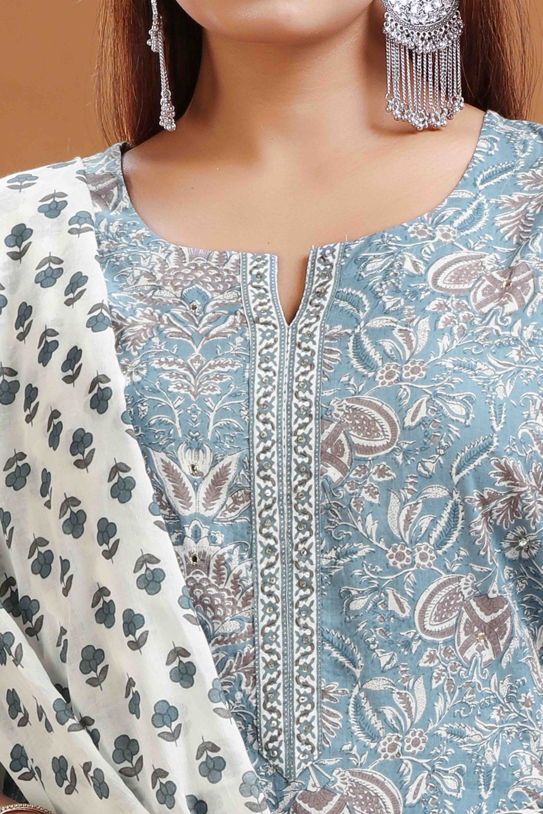 Dark Gray Jaipuri Cotton A Line Printed Kurta Pants and Dupatta Set