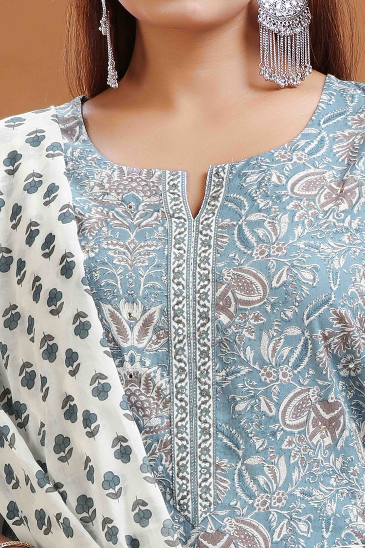 Dark Gray Jaipuri Cotton A Line Printed Kurta Pants and Dupatta Set