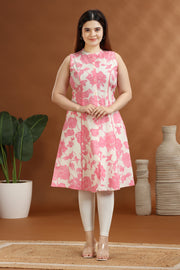 Peach & White Cotton Printed A Line Sleeveless Kurta