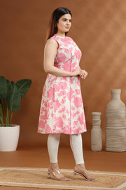 Peach & White Cotton Printed A Line Sleeveless Kurta