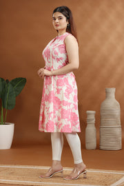 Peach & White Cotton Printed A Line Sleeveless Kurta