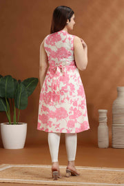 Peach & White Cotton Printed A Line Sleeveless Kurta