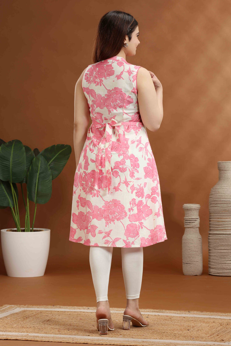 Peach & White Cotton Printed A Line Sleeveless Kurta