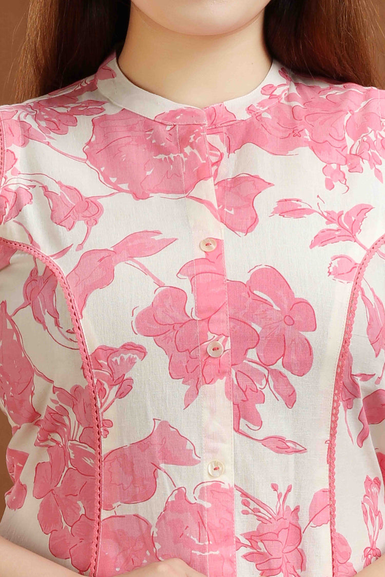 Peach & White Cotton Printed A Line Sleeveless Kurta