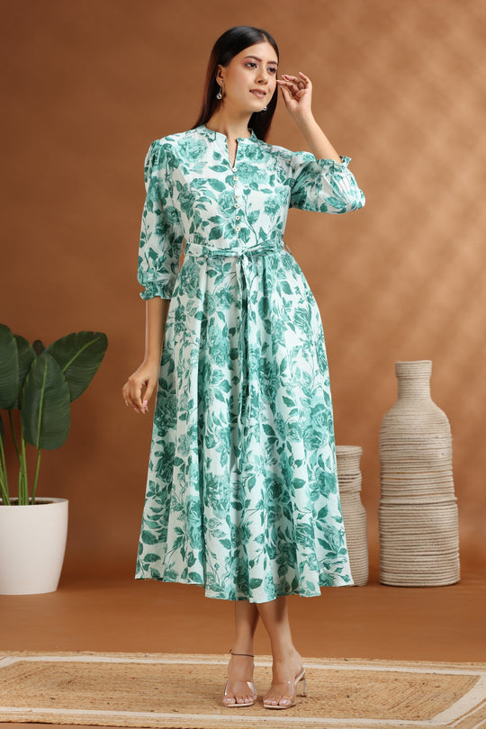 Light Green Floral Print Cotton A-Line Midi Dress for women and girl