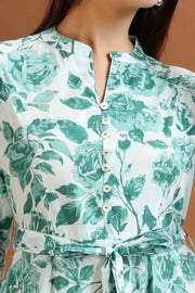 Light Green Floral Print Cotton A-Line Midi Dress for women and girl