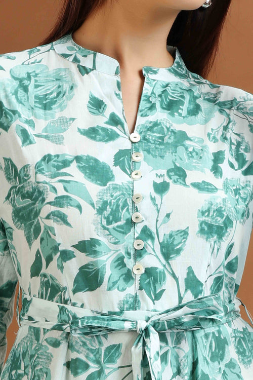 Light Green Floral Print Cotton A-Line Midi Dress for women and girl