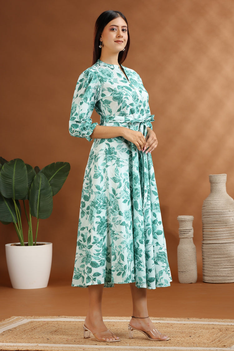 Light Green Floral Print Cotton A-Line Midi Dress for women and girl