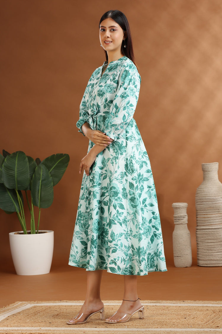 Light Green Floral Print Cotton A-Line Midi Dress for women and girl
