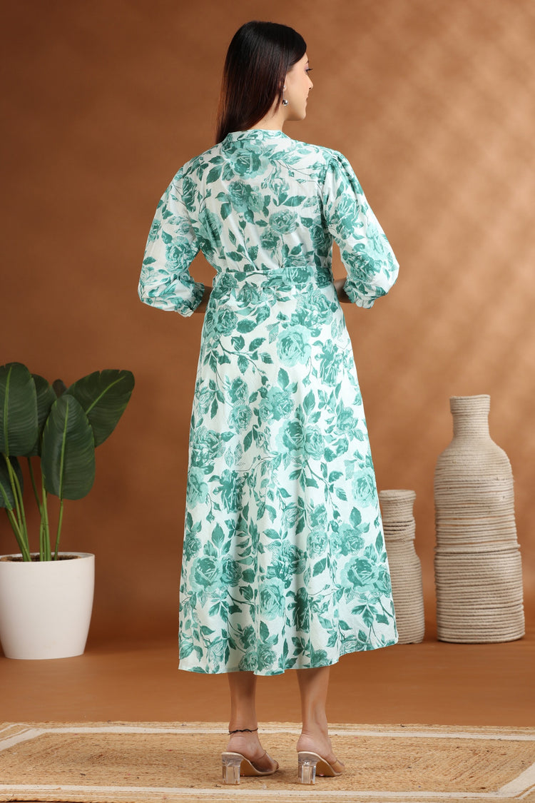 Light Green Floral Print Cotton A-Line Midi Dress for women and girl