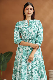Light Green Floral Print Cotton A-Line Midi Dress for women and girl