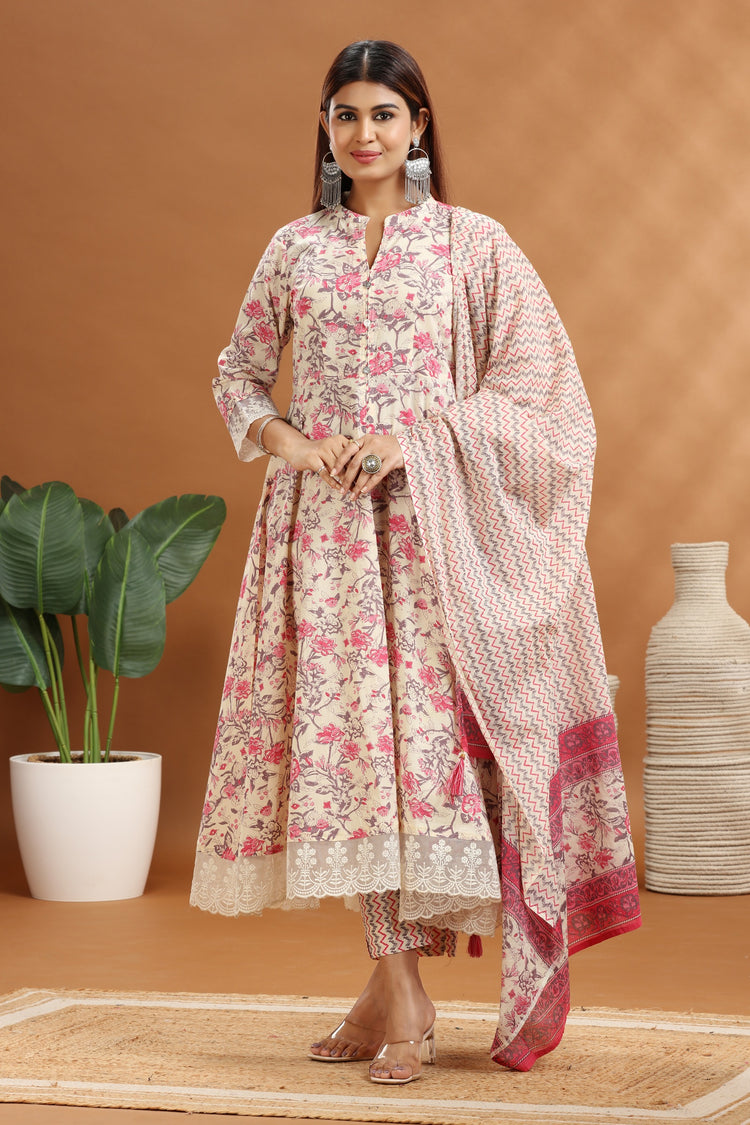 Cream & Pink Cotton A line Printed Kurta Pant Suit Set