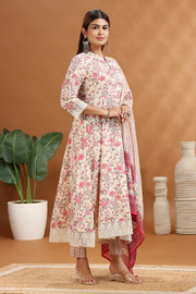 Cream & Pink Cotton A line Printed Kurta Pant Suit Set