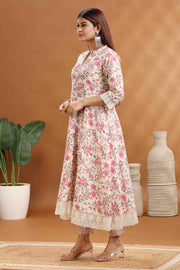Cream & Pink Cotton A line Printed Kurta Pant Suit Set