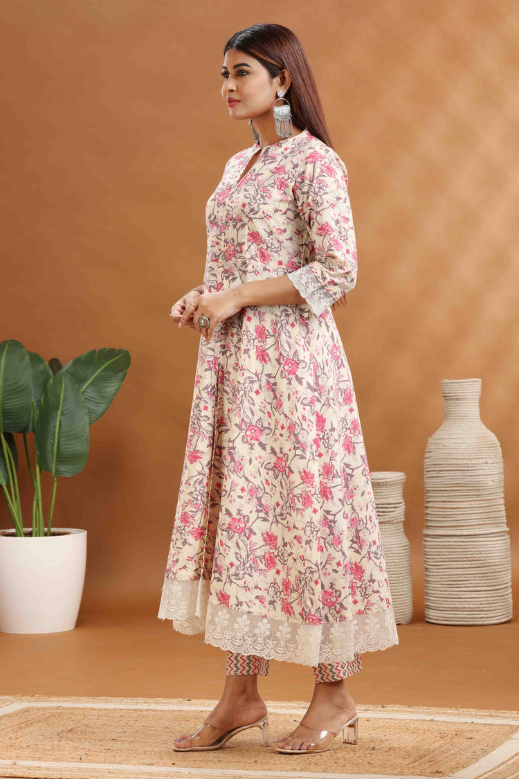 Cream & Pink Cotton A line Printed Kurta Pant Suit Set