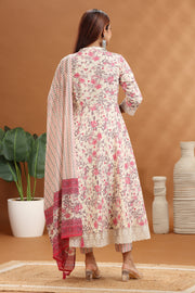 Cream & Pink Cotton A line Printed Kurta Pant Suit Set