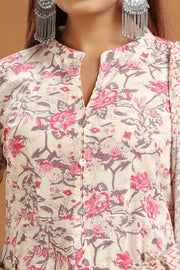Cream & Pink Cotton A line Printed Kurta Pant Suit Set