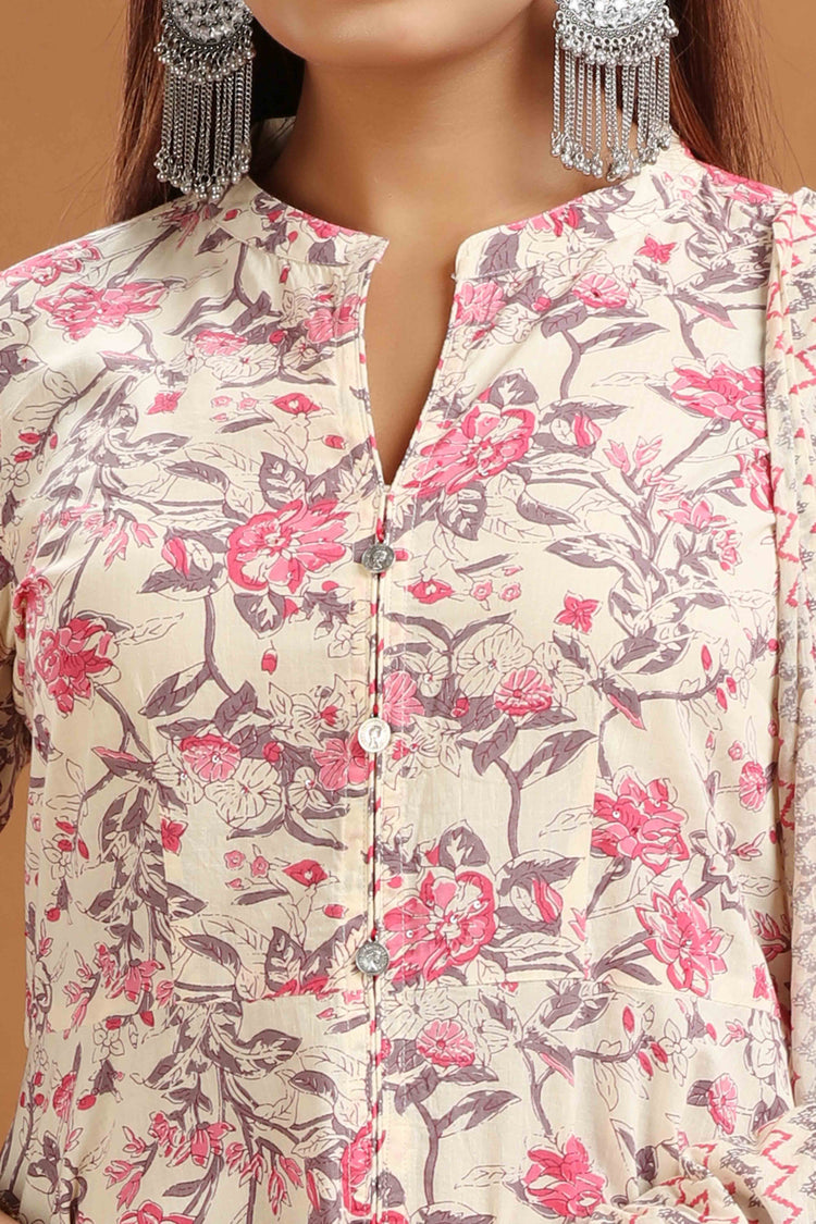 Cream & Pink Cotton A line Printed Kurta Pant Suit Set