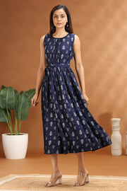 Navy Blue Cotton Printed A-Line Dress with Belt