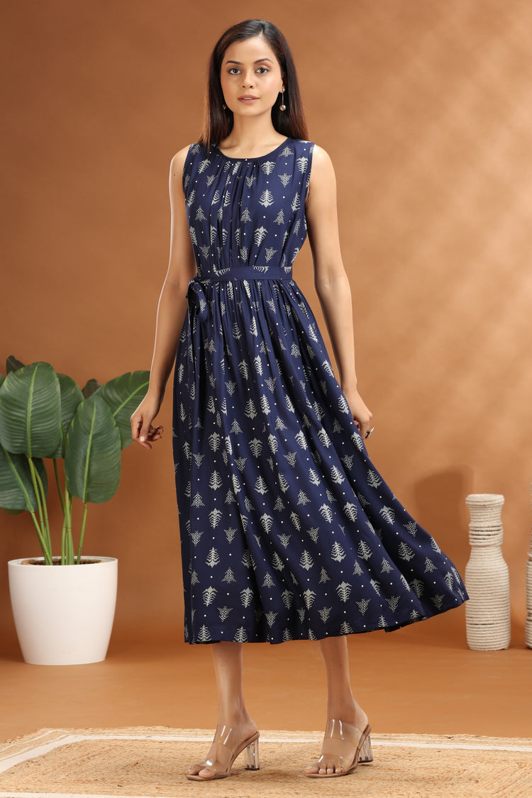 Navy Blue Cotton Printed A-Line Dress with Belt