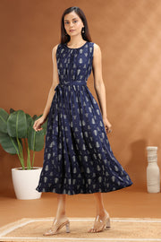 Navy Blue Cotton Printed A-Line Dress with Belt