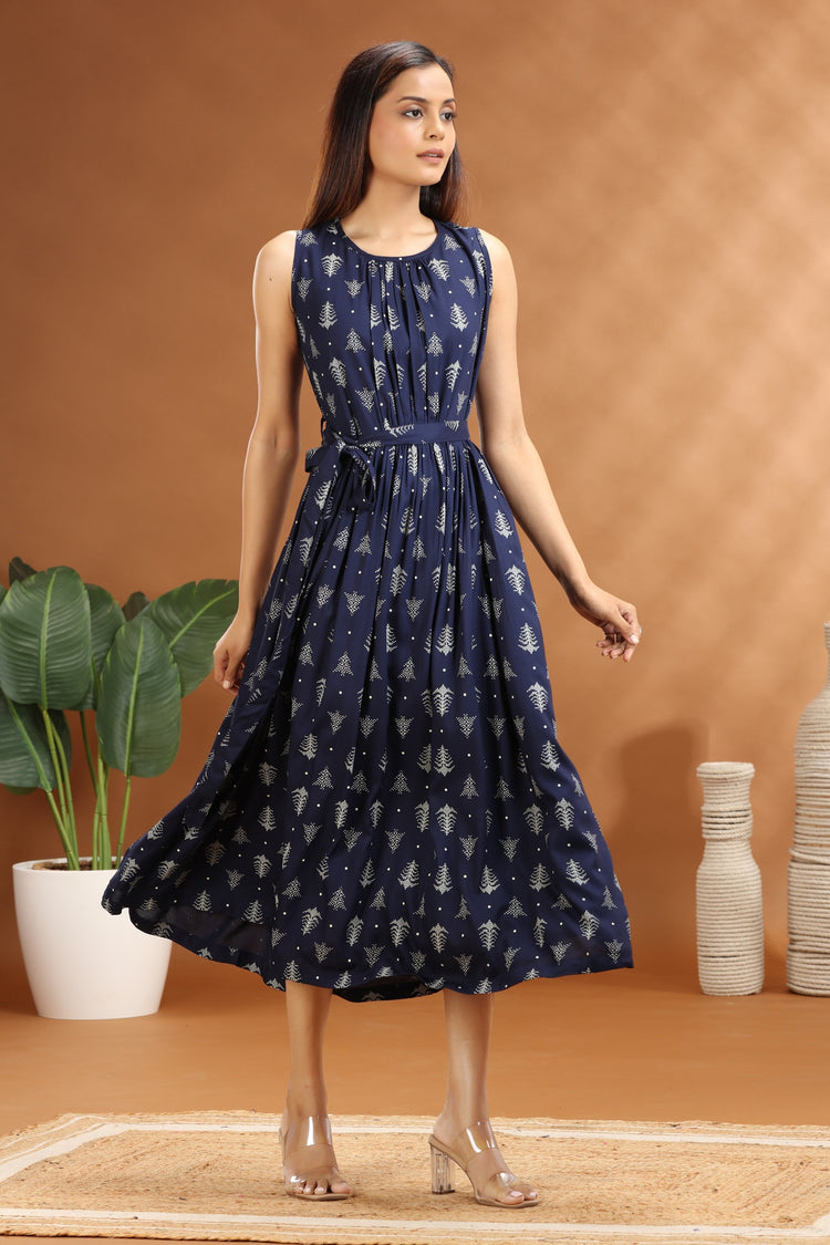 Navy Blue Cotton Printed A-Line Dress with Belt
