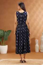 Navy Blue Cotton Printed A-Line Dress with Belt
