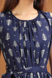Navy Blue Cotton Printed A-Line Dress with Belt