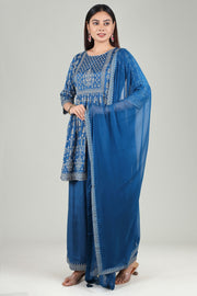 Indigo Blue Cotton Flared Printed Kurta Pant Suit Set