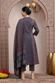 Navy Blue Cotton A line Printed Kurta Pant Suit Set