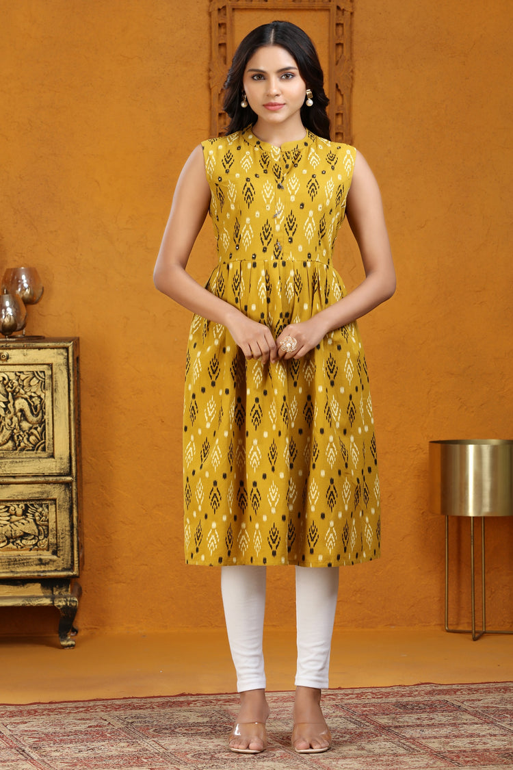 Mustard Yellow Cotton A Line Sleeveless Kurta for women online